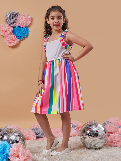 Girls Striped Shoulder Straps Fit Flare Dress